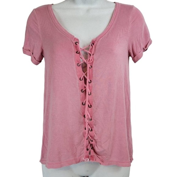American Eagle Soft & Sexy T Shirt Lace Up V Neck Short Sleeve Pink Top XS - Picture 1 of 9
